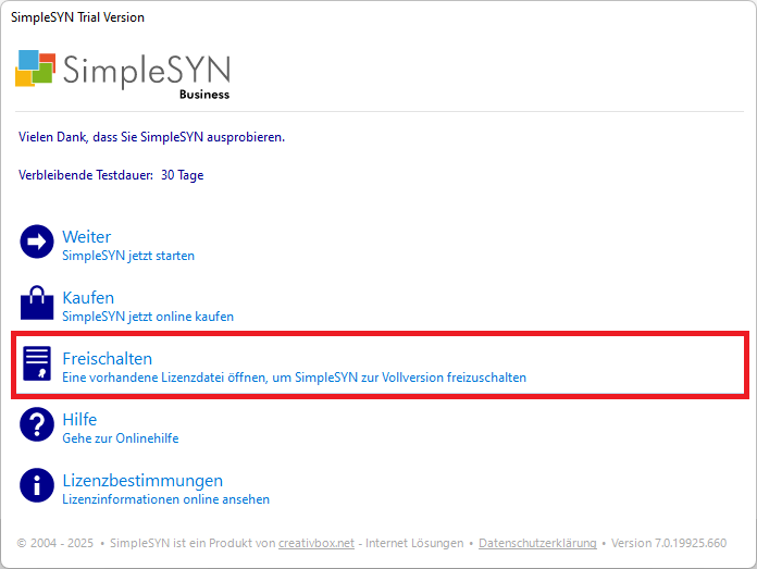 SimpleSYN Lizenzdatei einlesen beim Start-Dialog