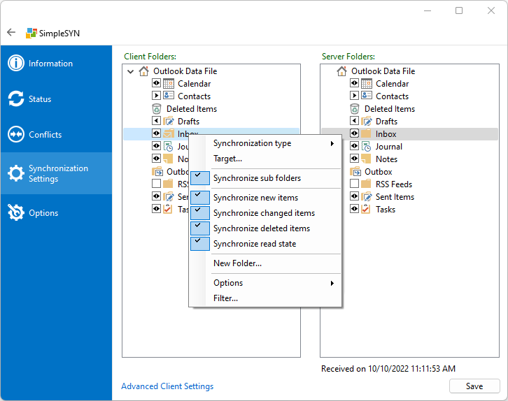 Displays the "Synchronization Settings" page of the SimpleSYN user interface