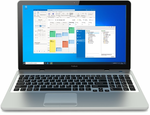A laptop with a SimpleSYN window open in the foreground and an Outlook calendar open in the background on the screen.